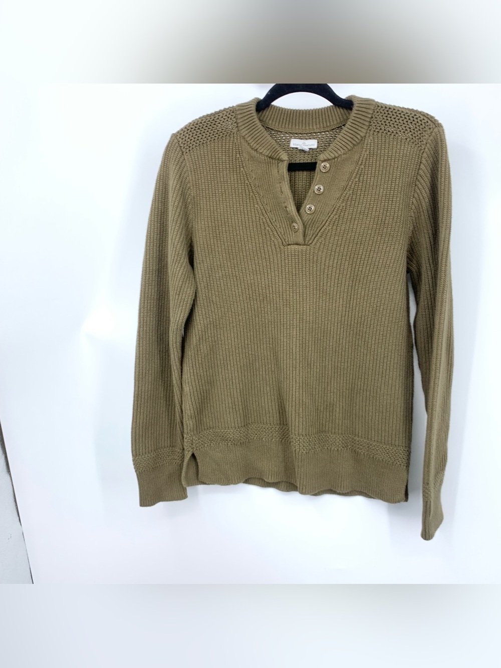 LL Bean Signature Men Size Medium Sweater Olive Green Henley Cotton Knit Top